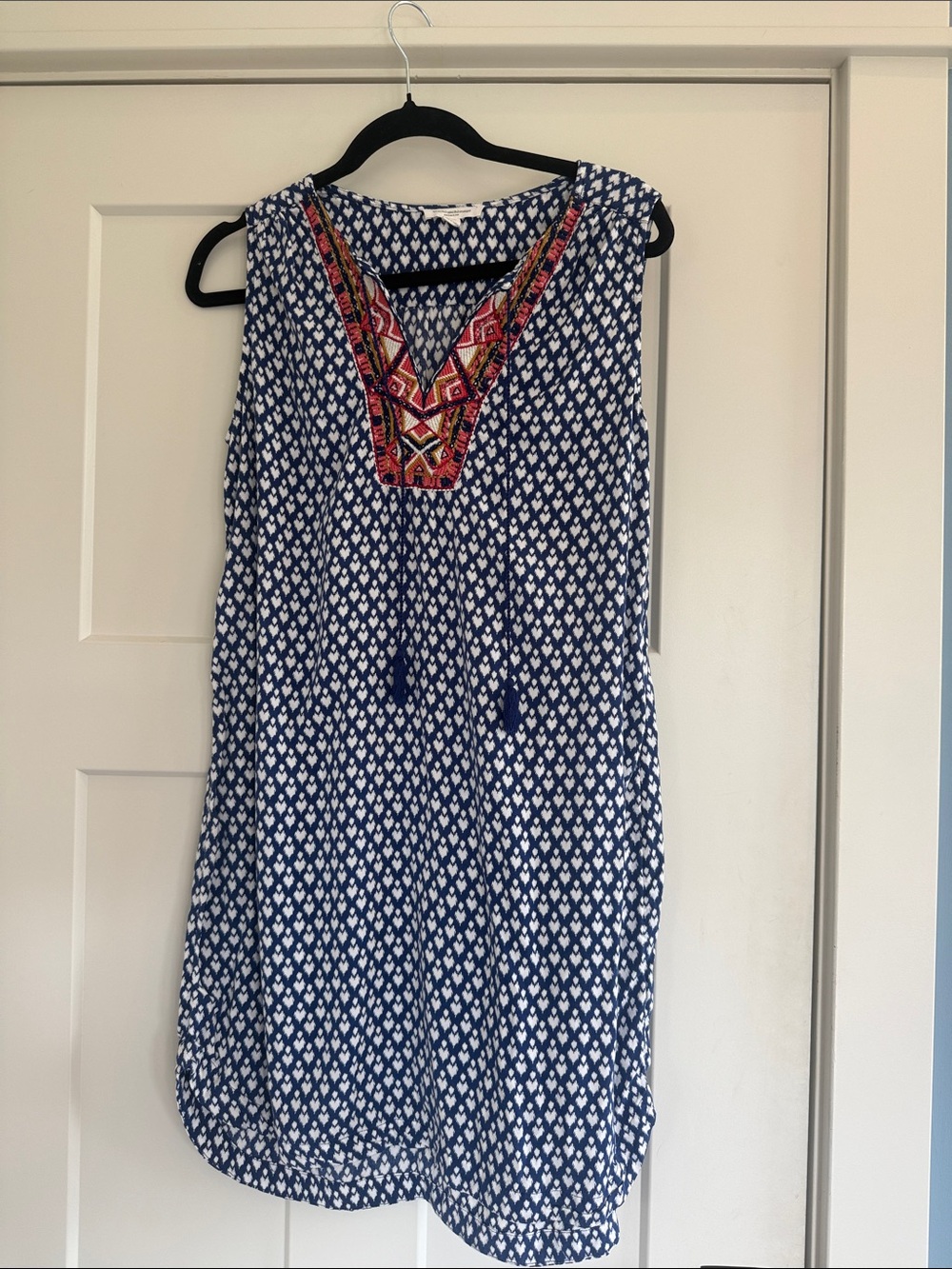 beachlunchlounge Navy & White Printed Sleeveless Tunic Mini Dress Embroidered V-